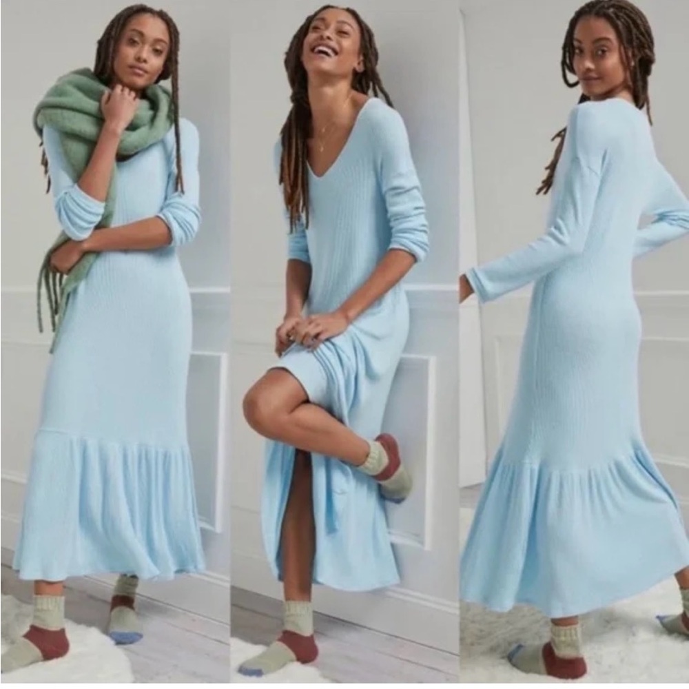 Light Blue V-Neck Knit Maxi Dress - Women Dresses